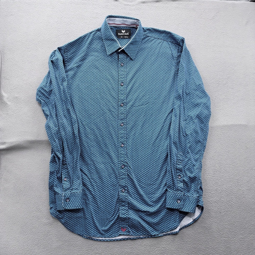 Buttercloth Shirt Mens 2XLT Blue Geometric Tall Fit Long Sleeve Button-Up Casual